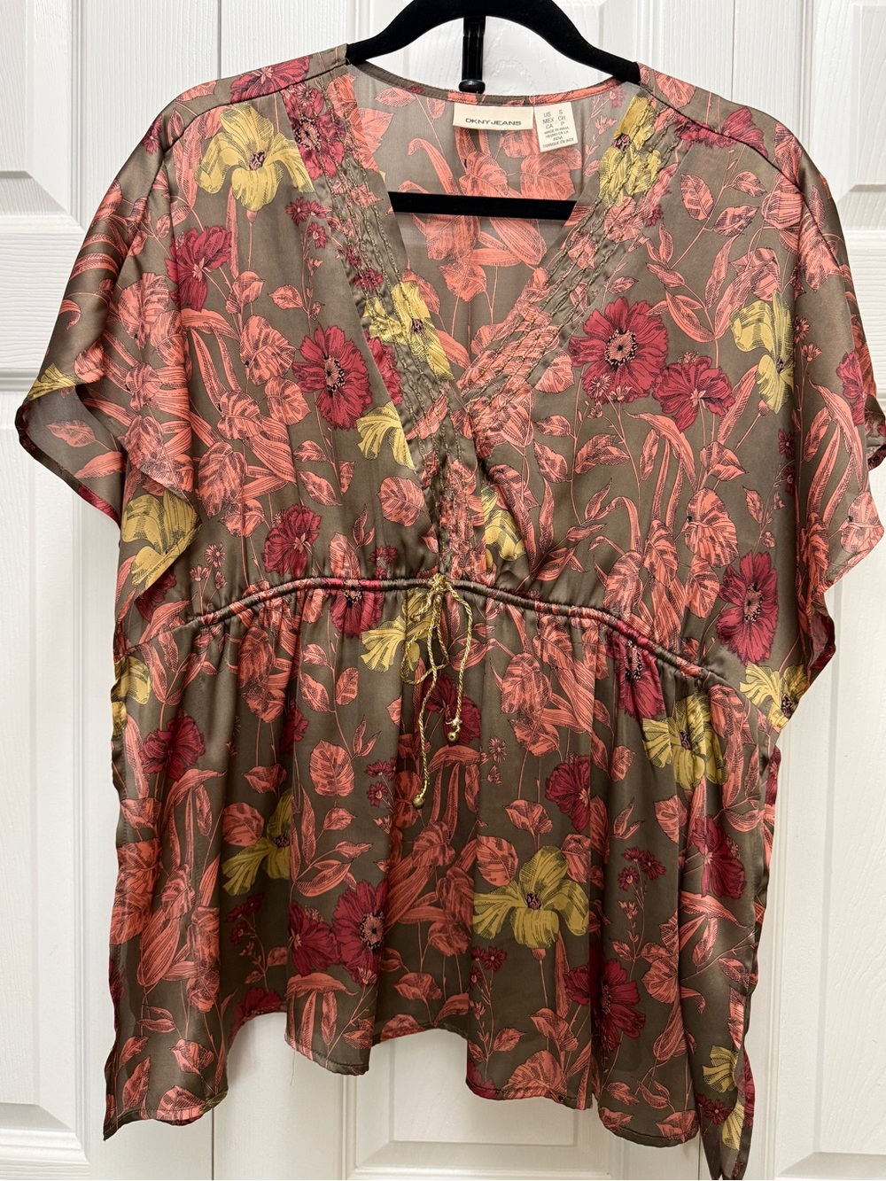 Dkny Olive Floral V-Neck Tie-Front Blouse - Pink & Yellow Floral